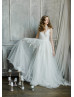 V Neck Ivory Lace Tulle Buttons Back Wedding Dress